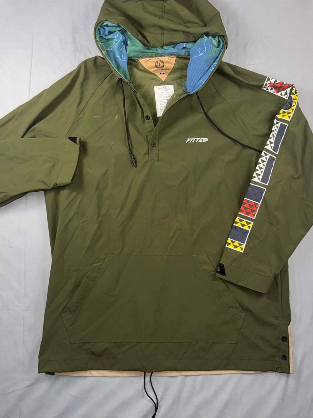 FITTED Bully Jacket Mens Medium Green Hooded Anorak Pullover Nylon Geometric